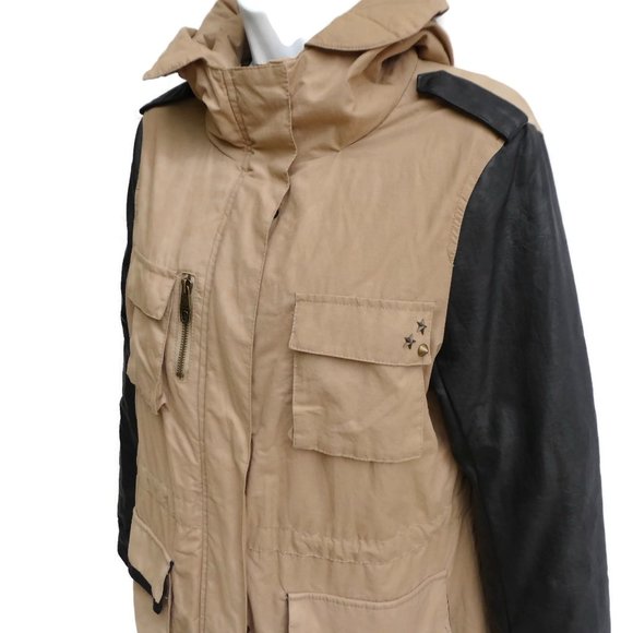 Steve Madden Jacket Cargo Safari Contrasting Faux Leather Sleeves Quilted Hood M - Picture 3 of 9